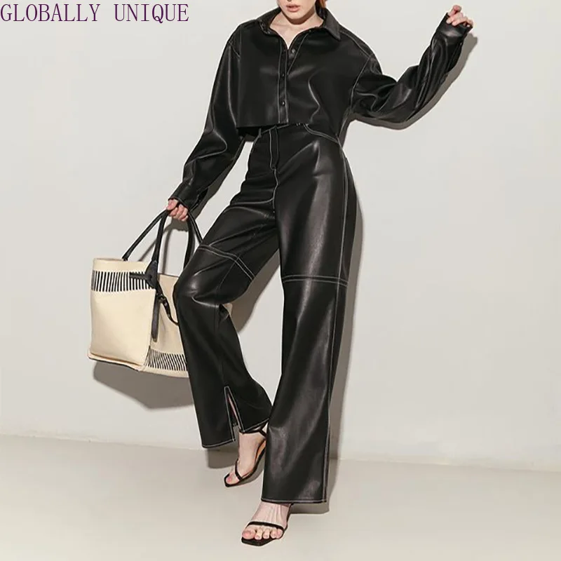 Cryptographic Fashion Gothic Black PU Leather Wide Leg Pants Women Trousers Streetwear Bottom Casual Punk Pants Outfits