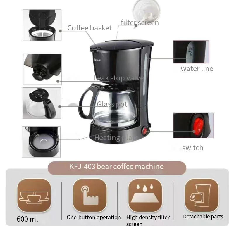 thumbnail image 1 of Cafetera Americana de 600ML para el hogar, minicafetera de goteo automática pequeña, tetera de flores, bebida caliente de doble uso, 220V, 1 of 5