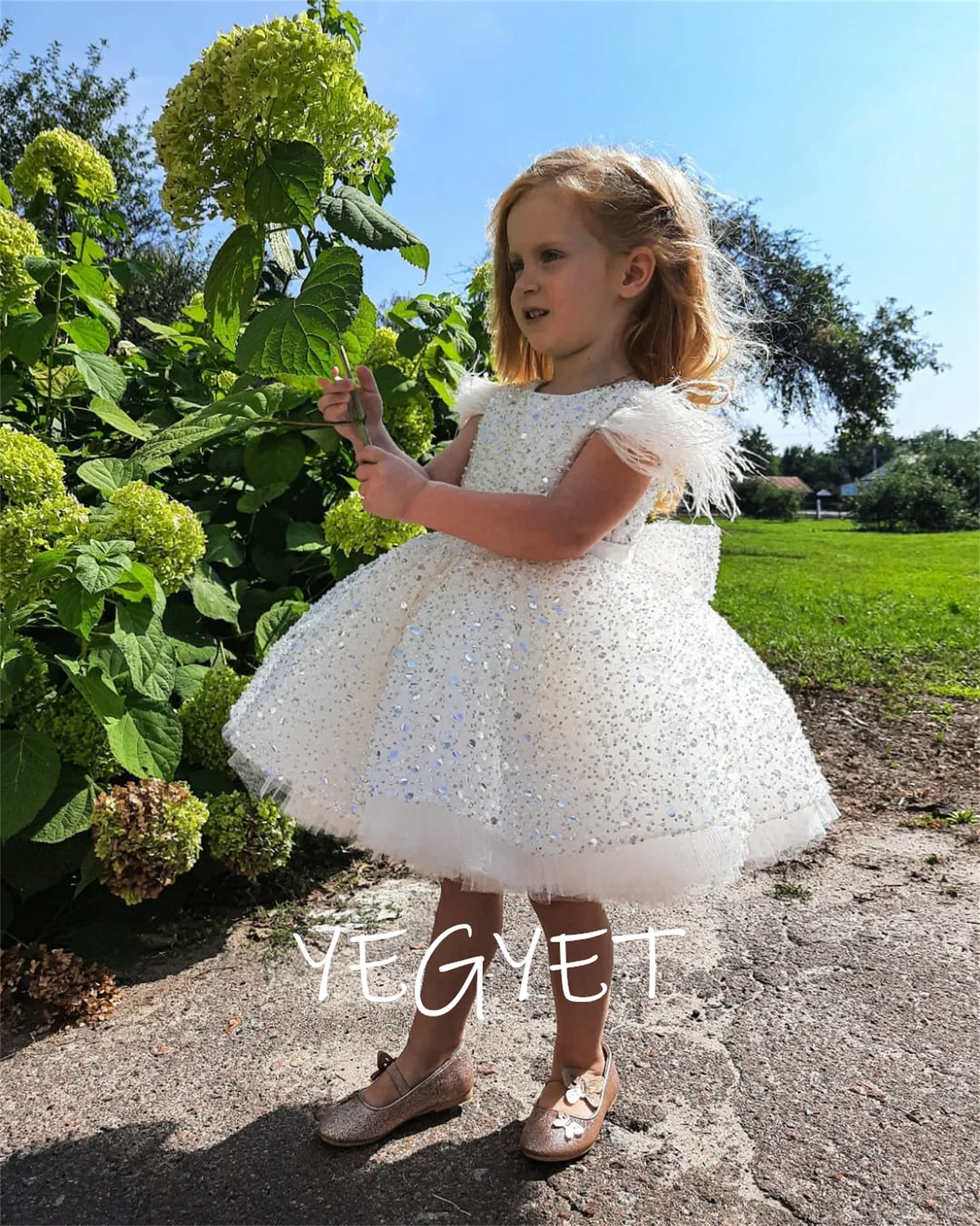

Flower Girl Dress with Lace Tulle Skirt Bow Princess Wedding Party Dress for Elegant Child Christmas Gift Communion