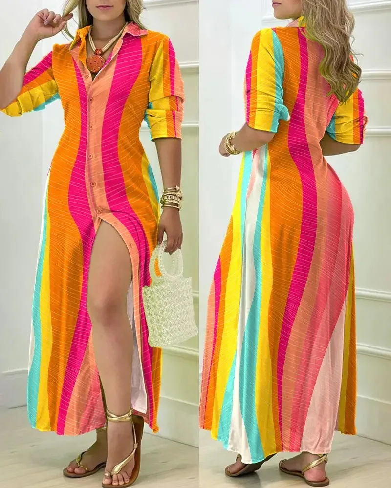 Women Casual Turn Down Collar Long Sleeve Button Down Side Split Maxi Shirt Dress With Checkerboard Print Perfect For Summer Out 4