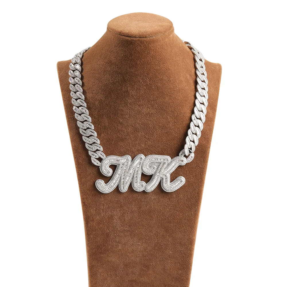 TBTK Custom Baguettecz Letter With 16mm Heavy Miami Cuban Chain Necklace Iced Out Bling Square Cubic Zirconia Hiphop Jewelry