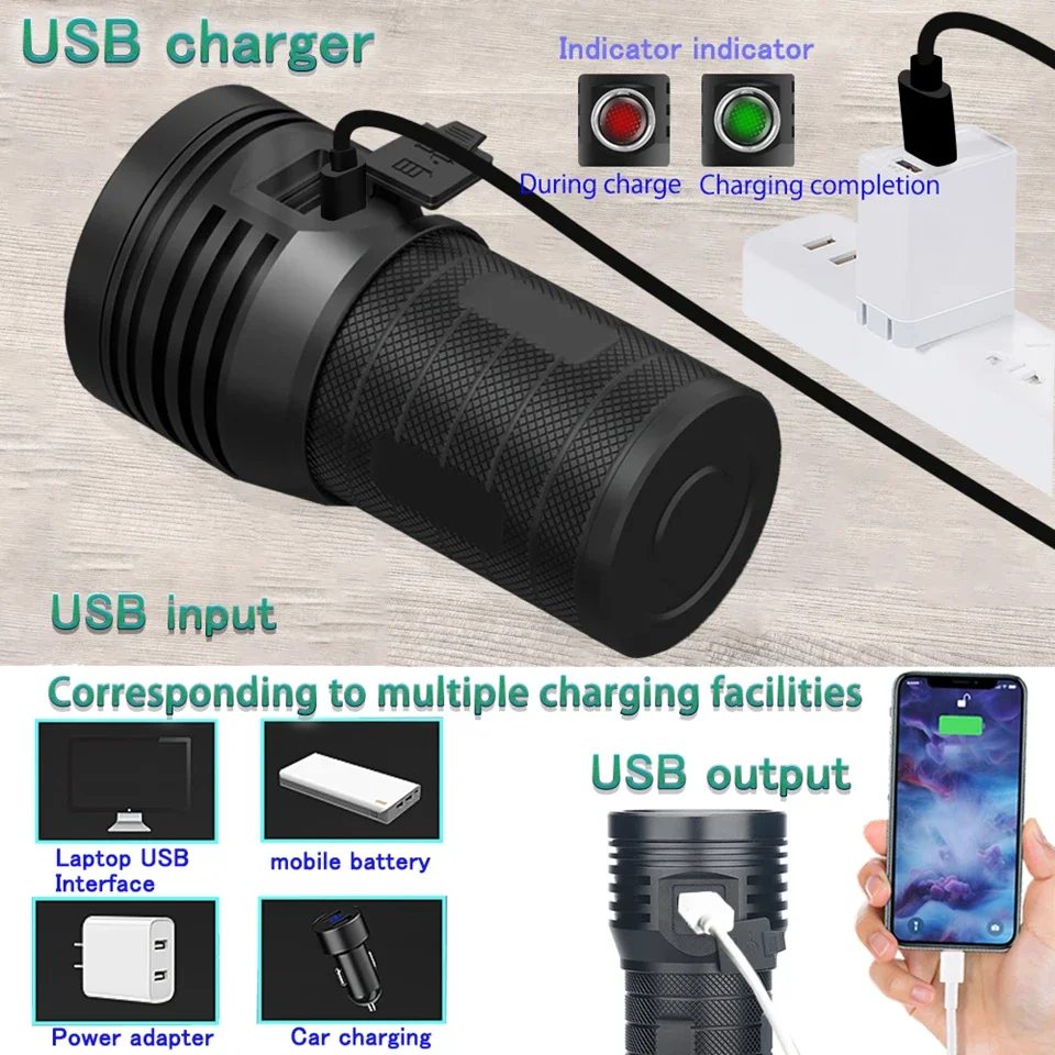 Torcia LED USB XHP90 Tattica 300000 Lumen - Nero, Alluminio, IP65