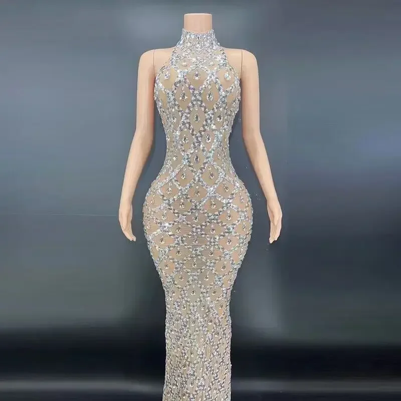 Sparkly Silver Rhinestone Mirror Elastic fabric Long Dress Women Birthday Stage play Celebrate Dress Dancer Party Show
