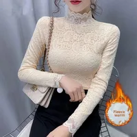 Lace Shirt Women's Fleece Lined Thickened Half High Collar Base Layer Top Inner Wear Winter Spring Fashionable Small Shirt