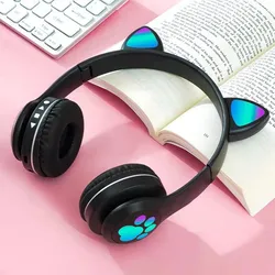 Adorable LED Light - Up Wireless Cat Ear Headphones - Pink Stereo Bluetooth Headset (Black)