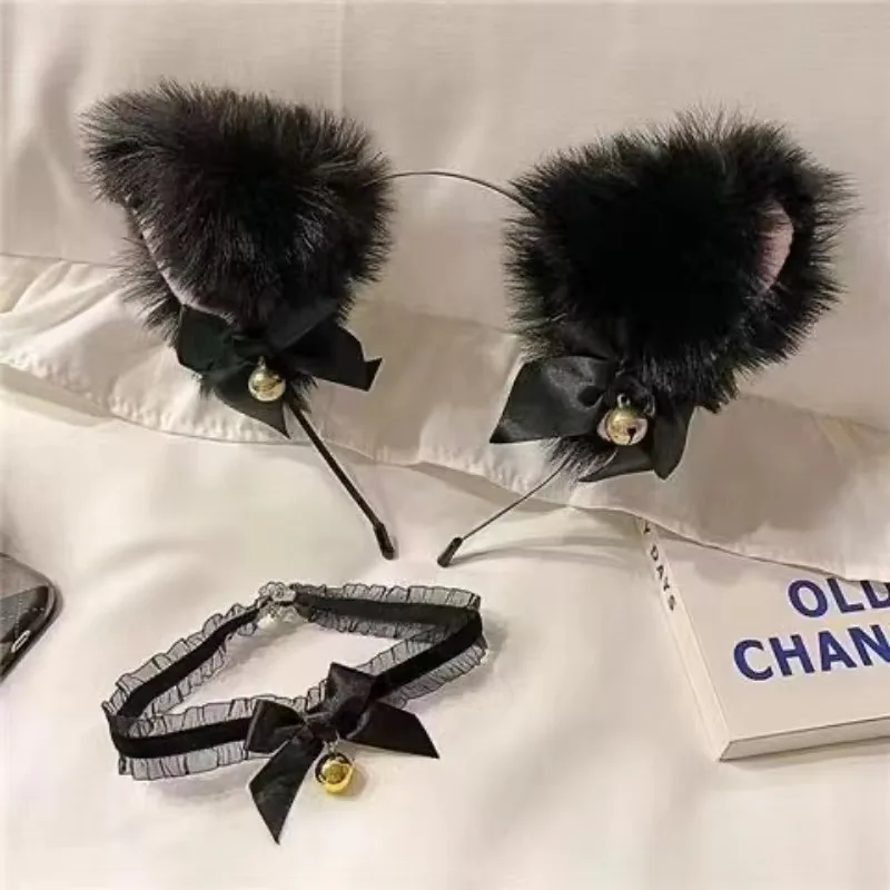 Pretty Plush Cat Ear Headband Fashionable Cosplay Bow Bell Cat Ear Headband Lace Bell Necklace Set Women Party Costume Headwear