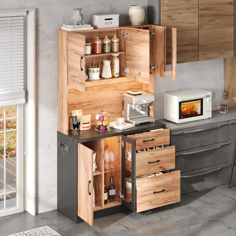 Stilvoller Küchenschrank, Schwarze Arbeitsplatte, Sideboard mit Verstellbarer LED-Beleuchtung und Steckdose, für Küchen, Esszimmer, Wohnzimmer – Detail 19
