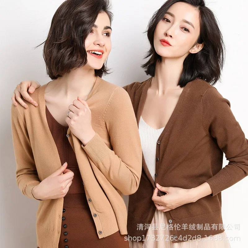 Cardigans Women 2025 Autumn Single Breasted V-neck Knitted Sweater Fashion Short Knitwear Solid Blue Green Pink Women's Jumpers - 3