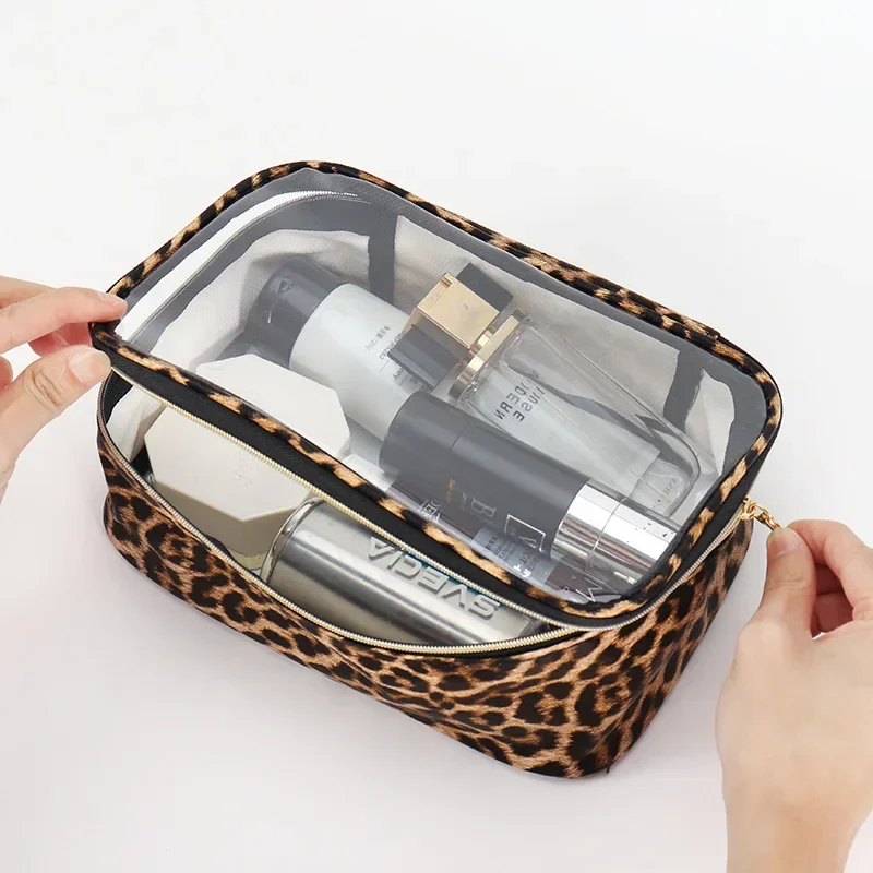 Portable Transparent Makeup Bag Leopard Print Waterproof Wash Cosmetic Bag Large Capacity Toiletries Storage Cosmetic Organizer