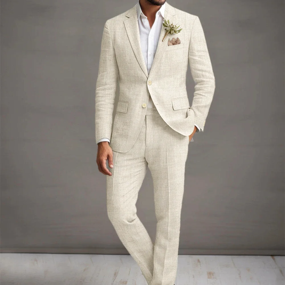 Grey Summer Linen Formal Wedding Elegant Men Suit Groom Tuxedo Slim Fit Blazer Hombre High Quality Custom 2 Piece Costume Homme