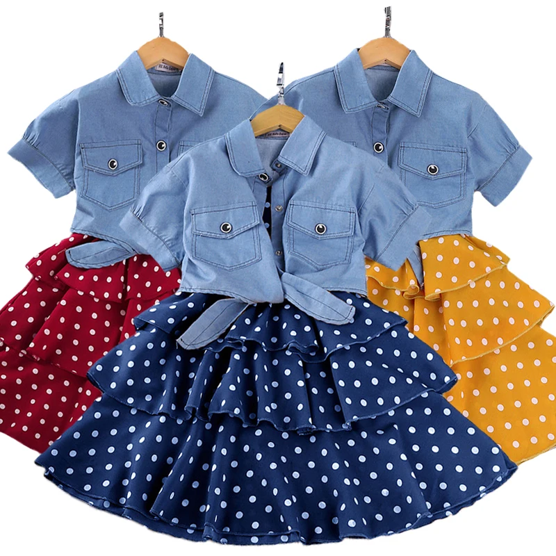 

2022 New Big Size Summer Polka Dot Teenager Girls Clothing Set Fashion Jeans Shirt + Dress 2Pcs Suit For Girl Children Outfit