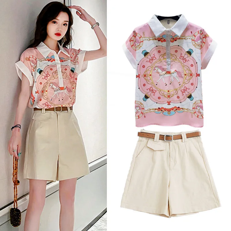 

With Belt Women's Summer Casual Pants Sets Vintage Floral Print Short Sleeved Pink Blouses Tunic Tops Shorts Pants Suits NS852