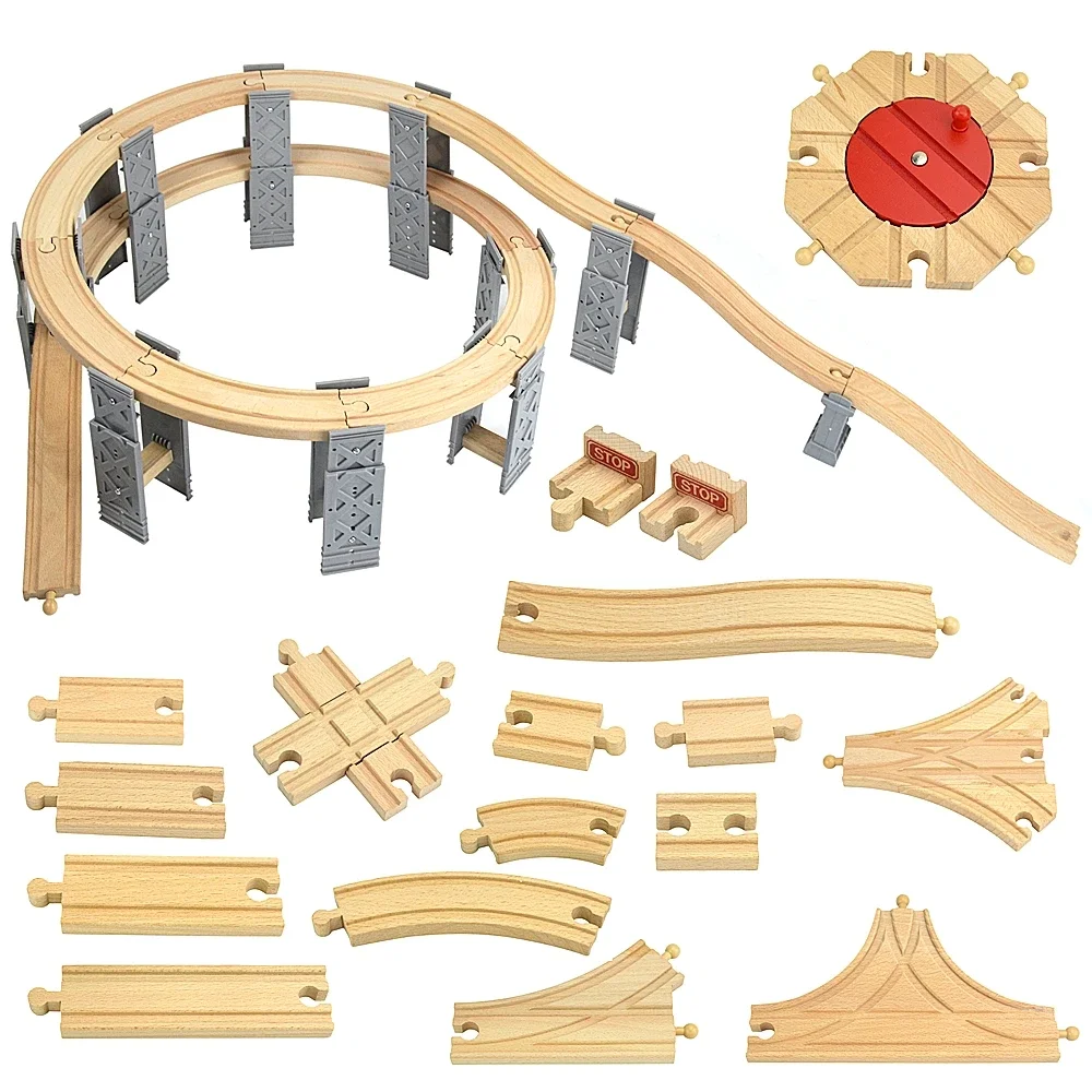 Wooden Tracks Railway Orbital Conversion Track Beech Wooden Train Track Rail Parts Fit Biro Educational Toys For Kids 5