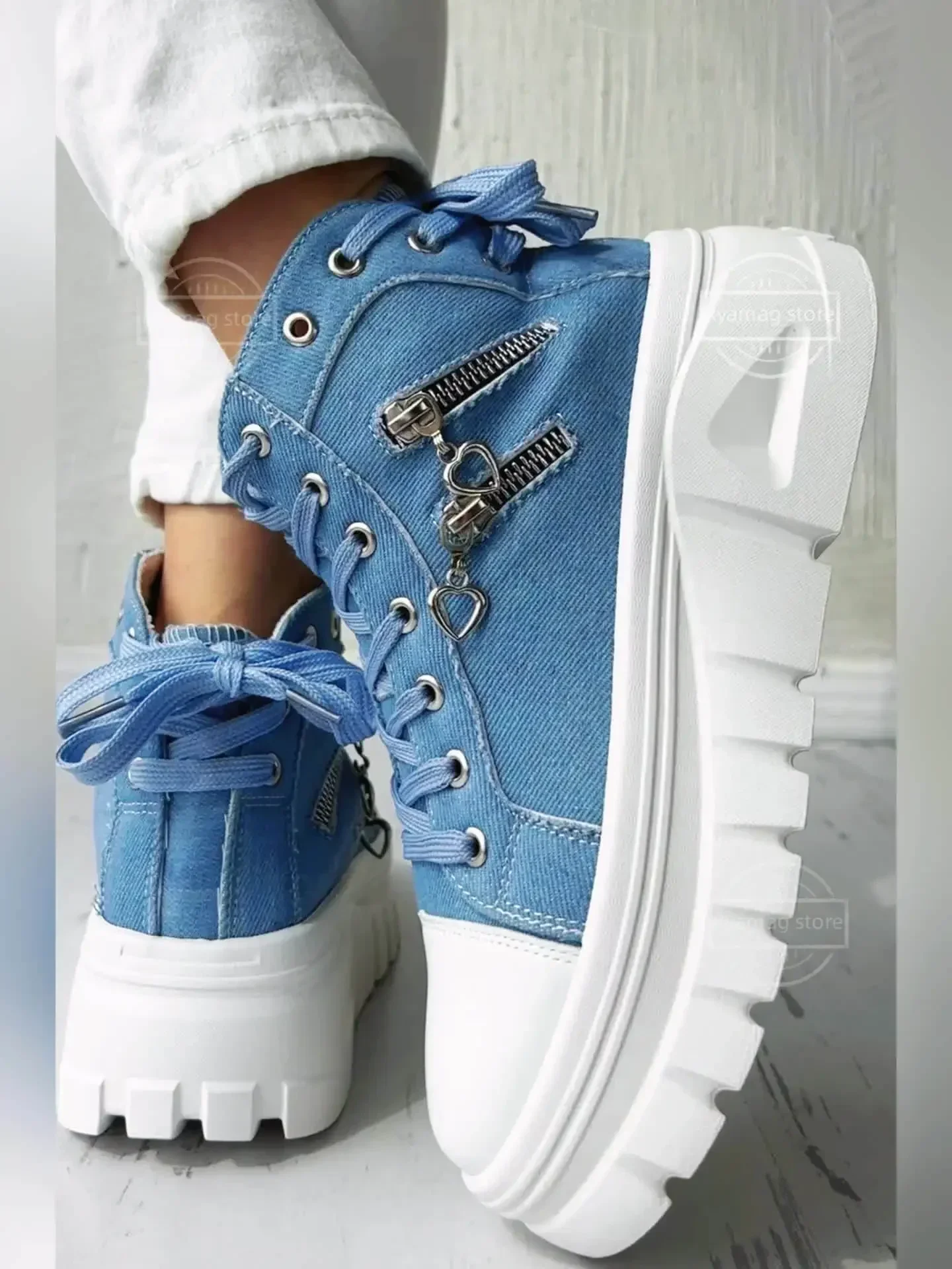 Sneakers Women's Solid Color Denim Canvas Sneakers Lace Platform Soft Sole Shoes Zip 5