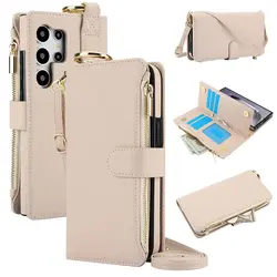 Zipper Leather Wallet Case with Crossbody Wristband - Samsung S26FE (White)