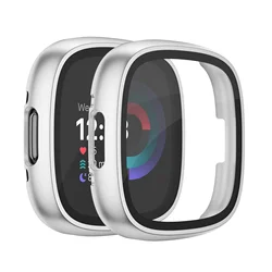 Premium Tempered HD Glass Protective Case - Full Cover Shell - Fitbit Versa 4 (Silver)