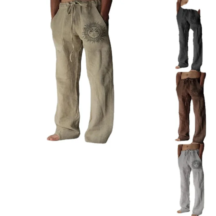 Trendy Sun God Print Loose Casual Yoga Pants Cotton Linen Fitn Sports Trousers for plus Size Men Straight Leg Long Pants