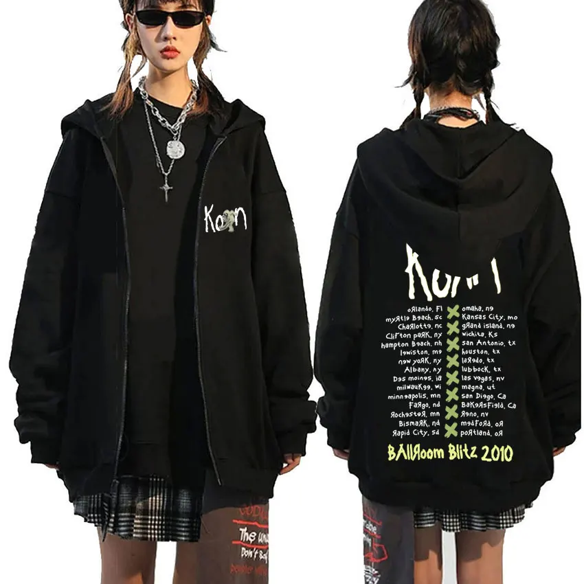 

90s Rock Band Korn Ballroom Blitz 2010 Zipper Hoodie Male Vintage Oversized Zip Up Jacket Men Women Fleece Cotton Zip Up Hoodies
