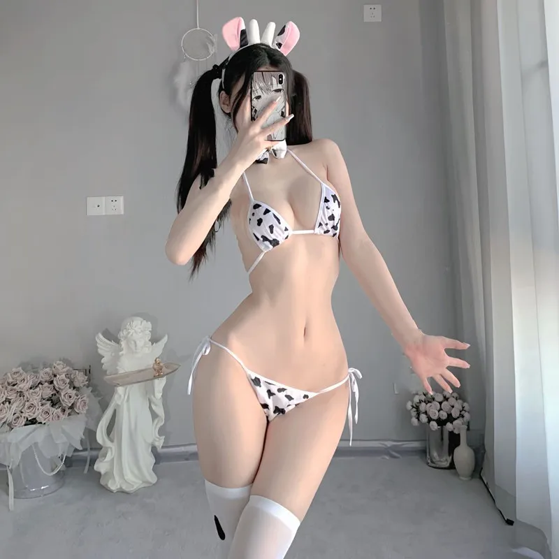 NEW Cow Sexy Cosplay Costume Maid Tankini Swimsuit Anime Bikini Set Girls Bodysuit Clothing Lolita Bra and Panty Set Stockings