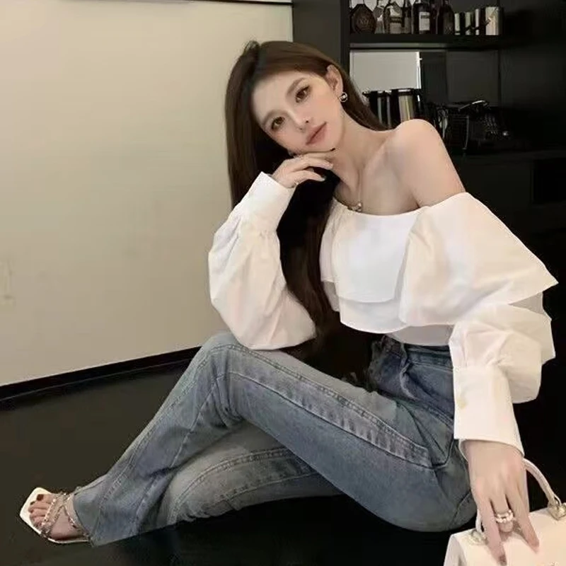 Sweet Ruffles Blouse for Women Sexy Off Shoulder Shirt French Style Elegant Long Lantern Sleeve Tops Clothes New 8395