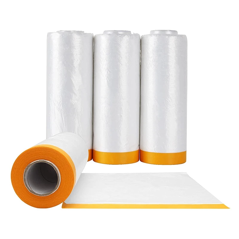 

4 Rolls Clear Plastic Sheeting 4.9X 65.5 Ft Pre-Taped Masking Film Drop Cloths For Painting Automotive Painting Covering