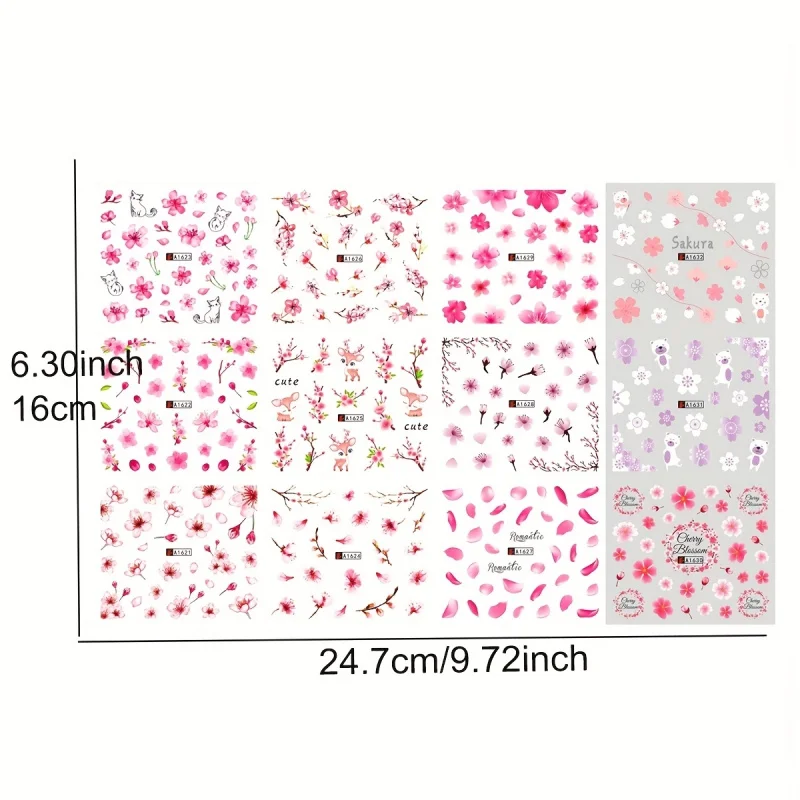 Cherry Blossom & Bear Water Transfer Nail Stickers - Pink Floral Design