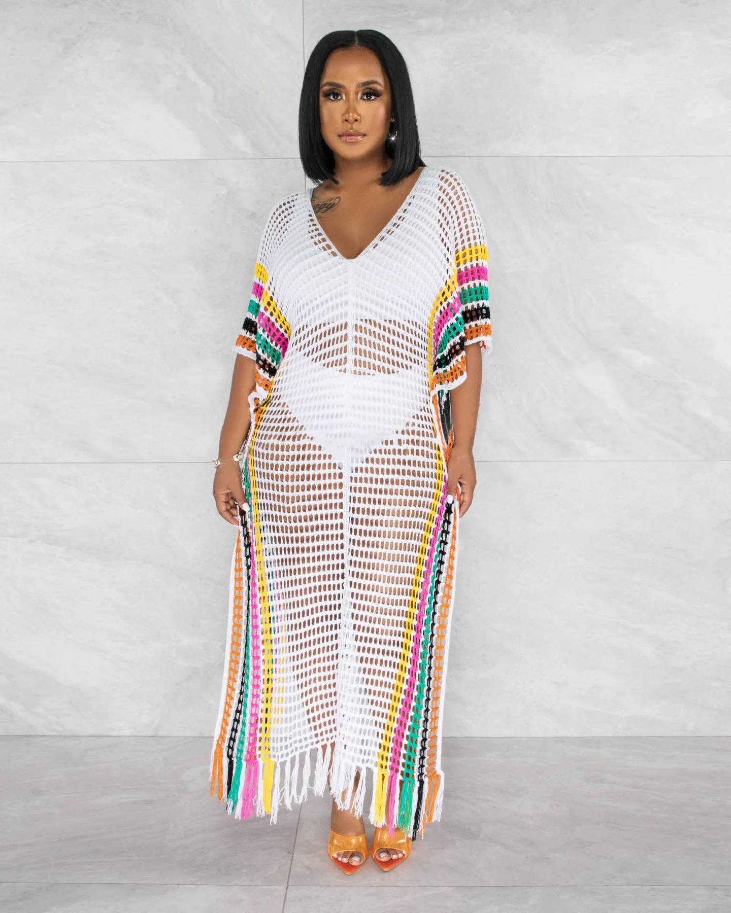 Summer Women Sexy Mesh Hollow Out Tassel Vacation Beach Dress Collision Color V-Neck Bikini Beach Cover Up Swimsuit Swimwear