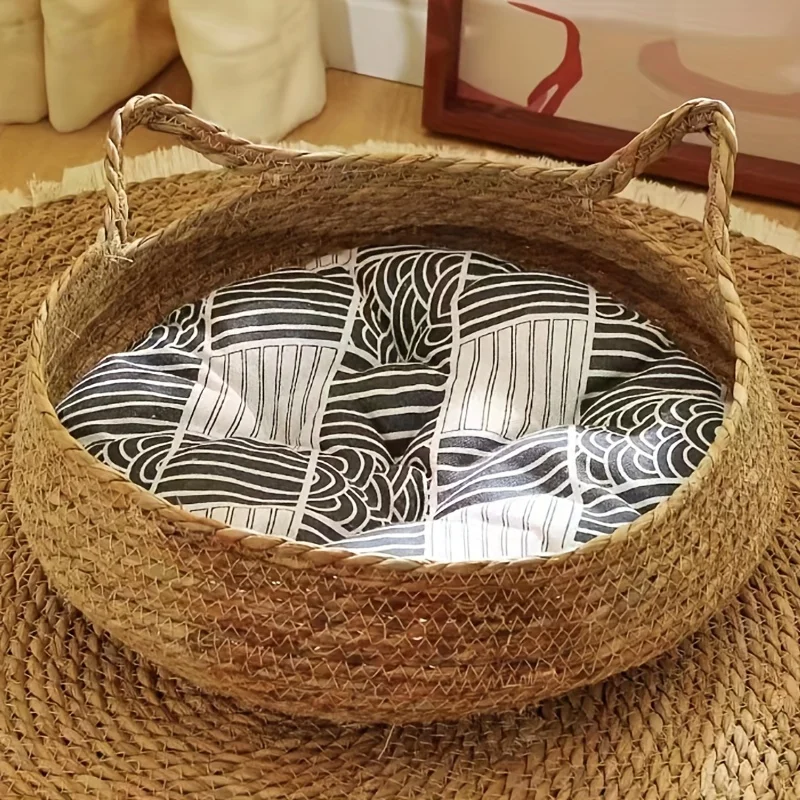 Handmade Rattan Cat Bed with Soft Cushion - Breathable Rattan Woven Pet Bed, Suitable for All Seasons As A Home Cat Mat