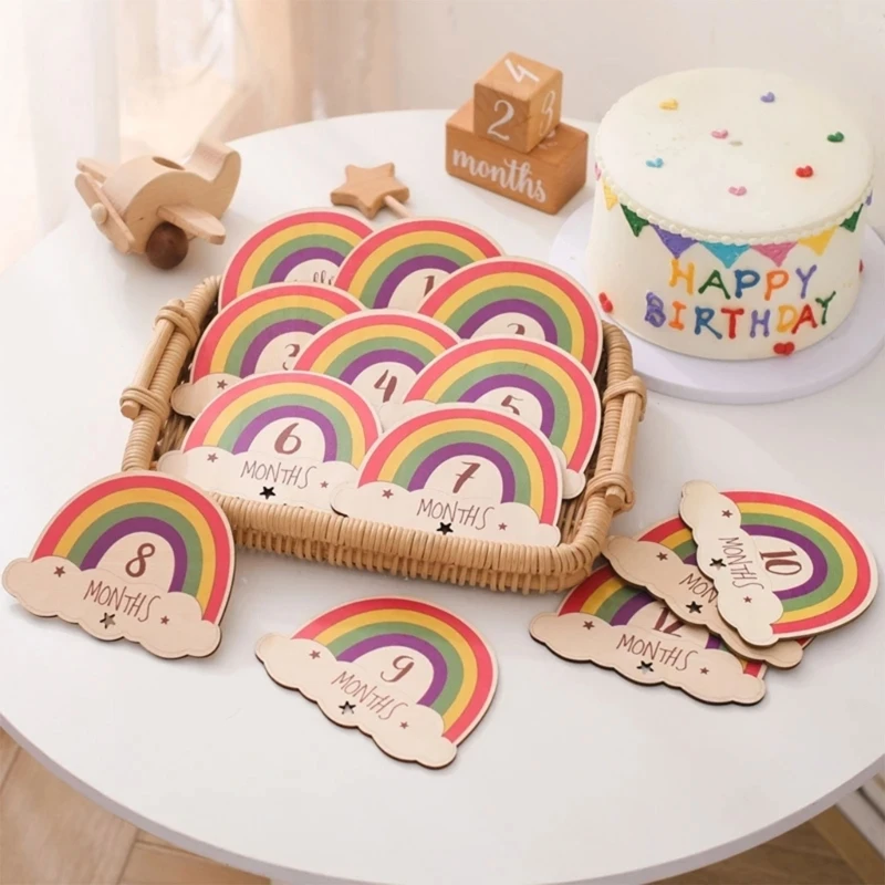 

13pc Baby Rainbow Milestone Number Monthly Memorial Cards Newborn Baby Wooden Engraved Age Photography Accessories Birthing Gift