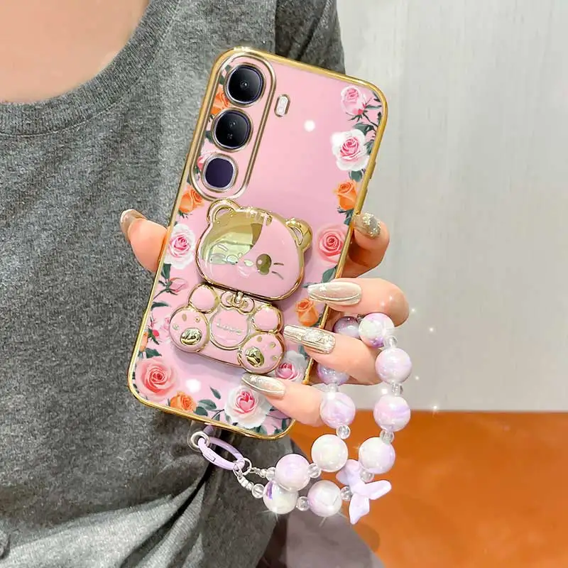 Elegant Gradation Rose Leaves Phone Case Set with Lanyard and Rabbit Stand