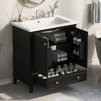 30" Bathroom Vanity with Sink Combo, Multi-functional Bathroom Cabinet with Doors and Drawer, Solid Frame and MDF Board, Black 1
