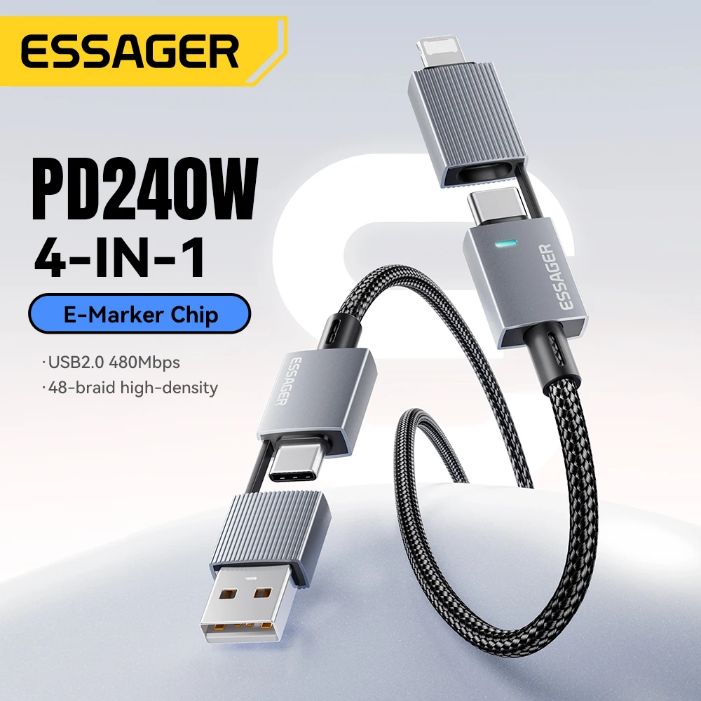 Essager 240W 4-in-1 Fast Charging Cable for iPhone17 16 15 Pro Max Macbook iPad Xiaomi Samsung Macbook USB Type C To USB C Cable
