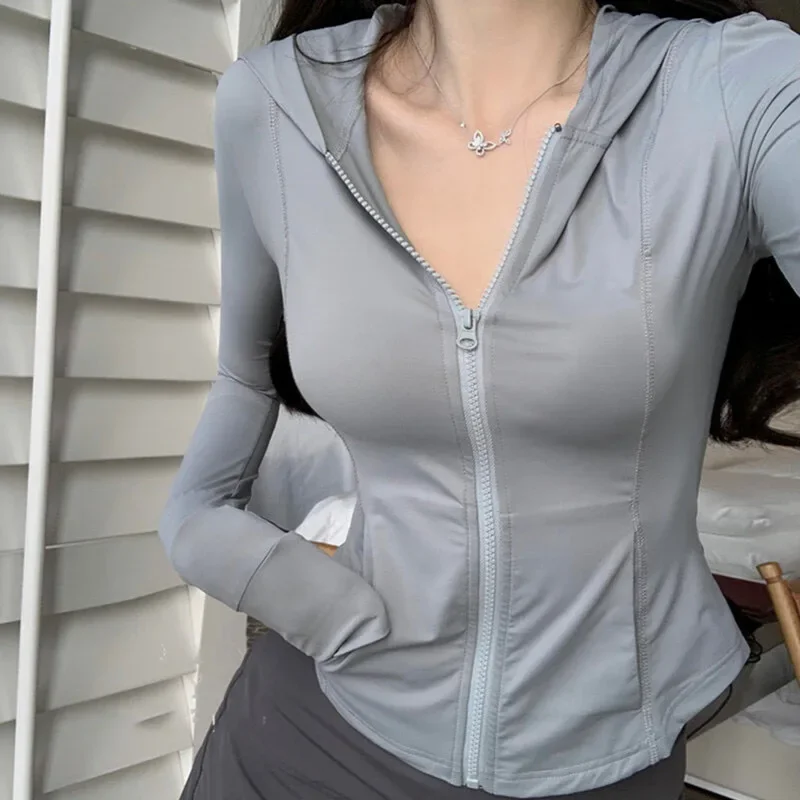 Women's Tracksuit Jacket Slim Fit Long Sleeved Fitness Coat Yoga Crop Tops with Thumb Holes Gym Jacket Workout Sweatshirts