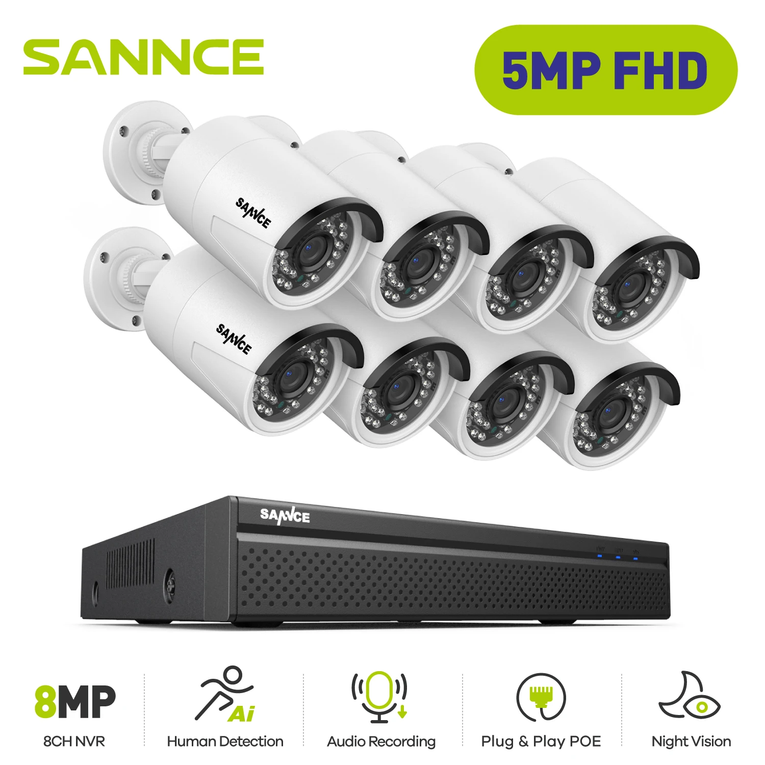 Sistema Di Telecamere Di Videosorveglianza Poe Sannce 5Mp 8Ch H.264 + 8Mp Registratore Nvr Telecamere Di Sicurezza 5Mp Registrazione Audio Telecamere 