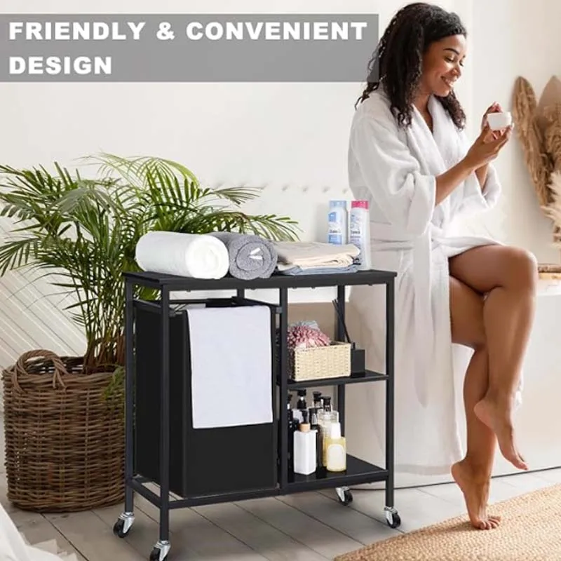Pull-Out Laundry Basket with Shelf and three Shelf,Laundry Basket Organizer Section with Removable Laundry Bags for clothes