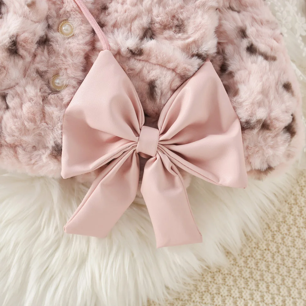 Winter New Girl's Coat Fluffy Sweet Cute Coat + Cross Bow Lace Fold Lapel Warm Thick Padded with Fashion Button