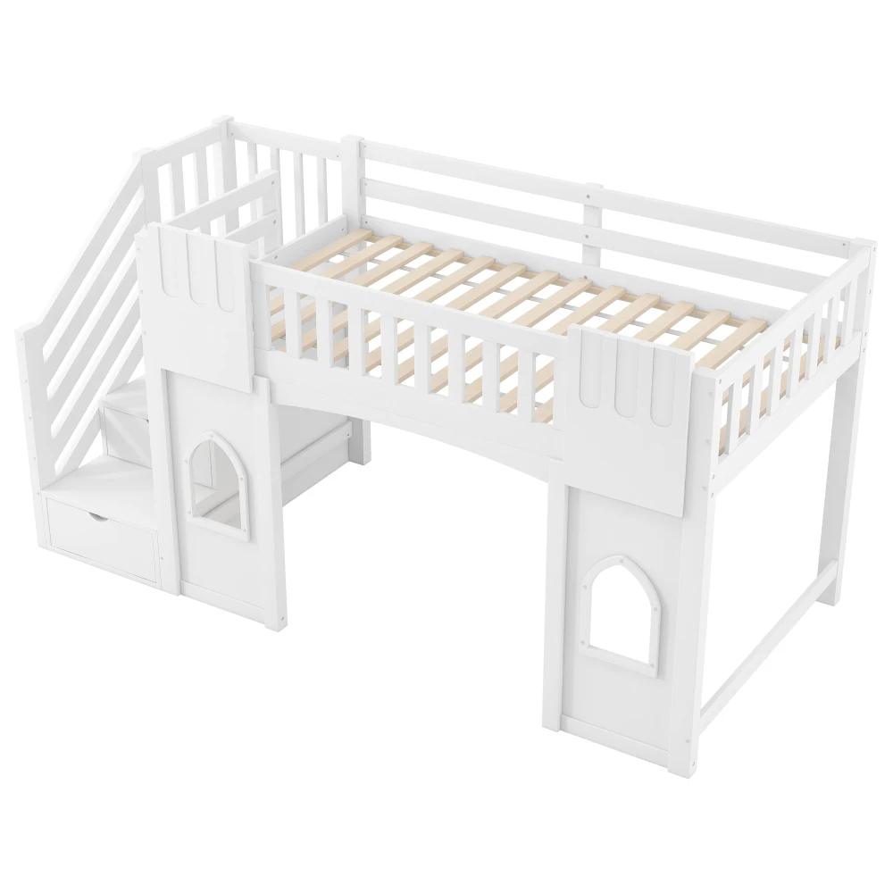 Hochbett 90 x 200 cm mit Stauraumtreppe und Fensterdesign, platzsparendes Plattformbett, multifunktionales Schlafzimmerbett mit Stauraum – Detail 14