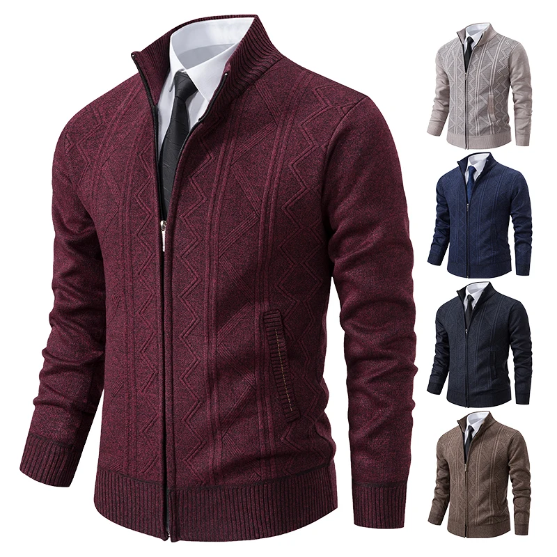Thickened jacket men's autumn and winter warm trend line stand collar knitted cardigan sweater coat 4
