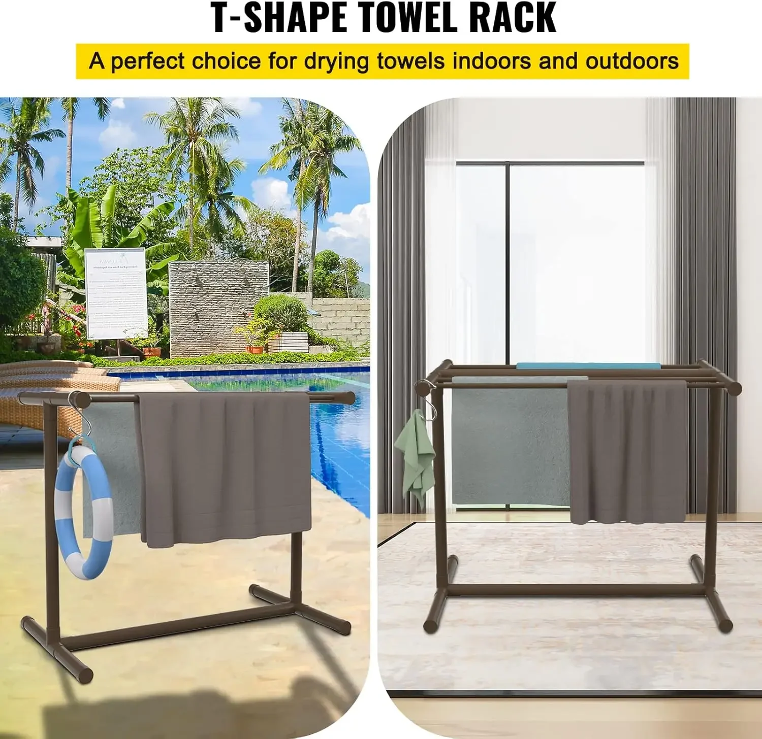 Pool Towel Rack, 5 Bar, Brown, Freestanding Outdoor PVC T-Shape Poolside Storage Organizer, Include 8 Towel Clips 2