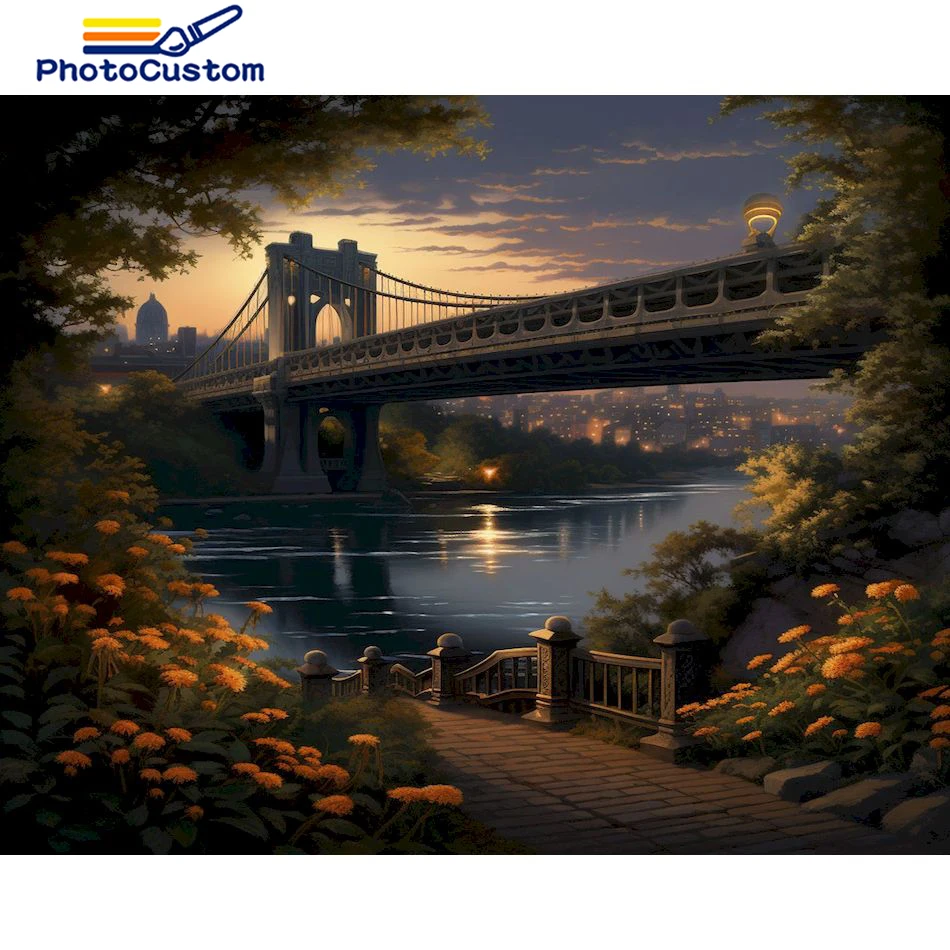 

Алмазная 5D мозаика для творчества PhotoCustom, картина с мостом, пейзаж, полная круглая Алмазная мозаика, Набор для вышивки, семейный Декор