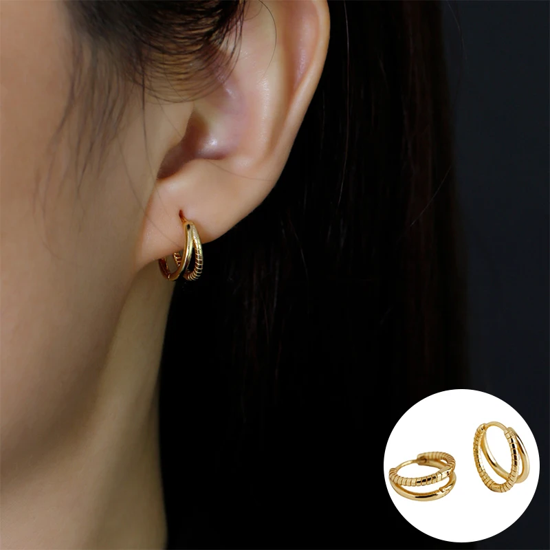 

100% 925 Sterling Silver Gold Geometric Earring for Women Girl Simple Double Layer Design Jewelry Birthday Gift Dropshipping