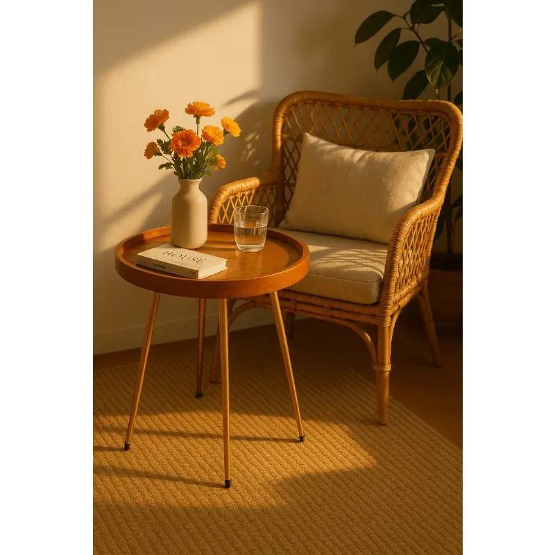 Elegant Round Oak Coffee Table with Golden Frame