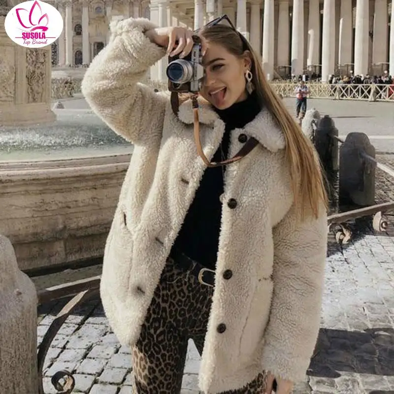 

Lady Winter Thicken Warm Teddy Fur Jacket Coat Women Casual Trend Lamb Faux Fur Overcoat Fluffy Cozy Loose Outerwear Female