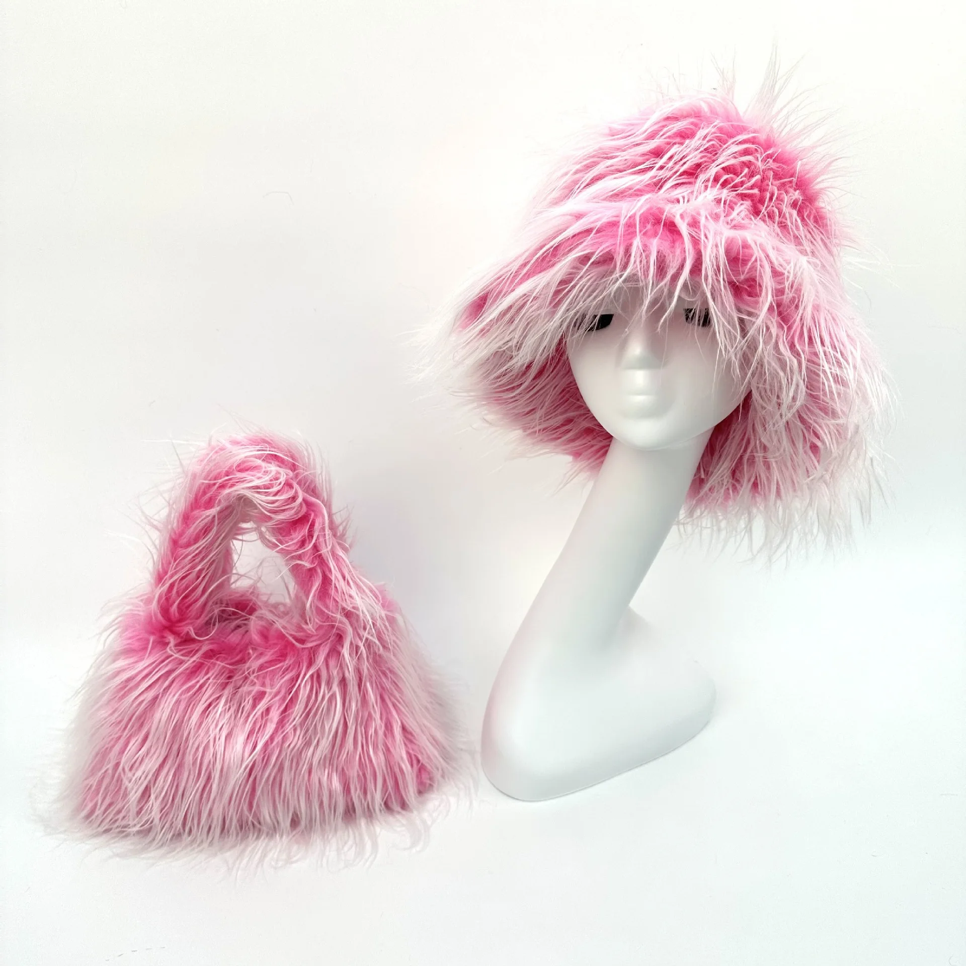 

New Pink European and American Large brim Faux Fur Women's Winter Warm Thickened Hat bucket hat