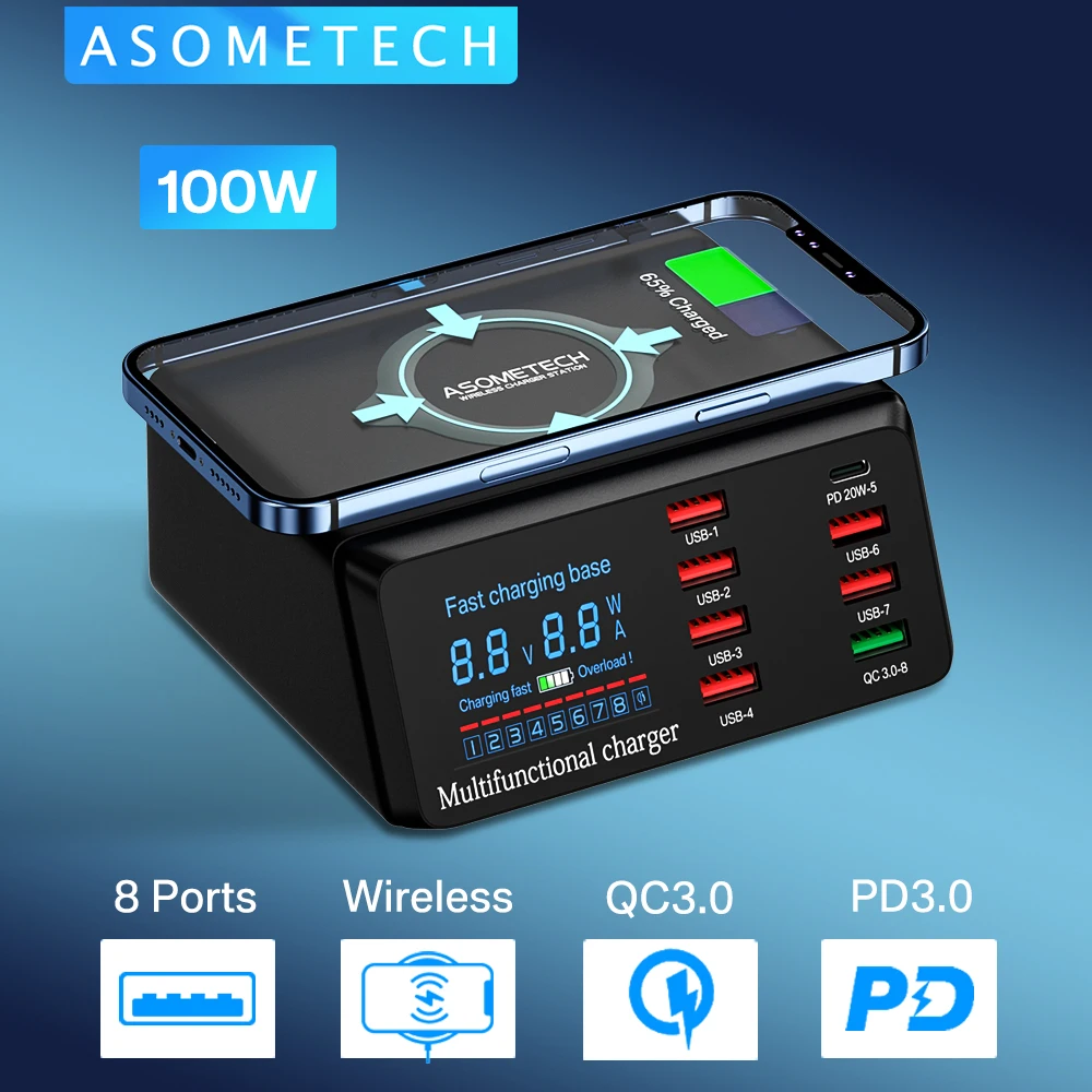 100W 8 Ports USB Charger Quick Charge 3.0 Adapter HUB Wireless Charger Charging Station PD Fast Charger For iPhone 11 13 Samsung 100W 8 Ports USB Charger Quick Charge 3.0 Adapter HUB Wireless Charger Charging Station PD Fast Charger For iPhone 11 13 Samsung