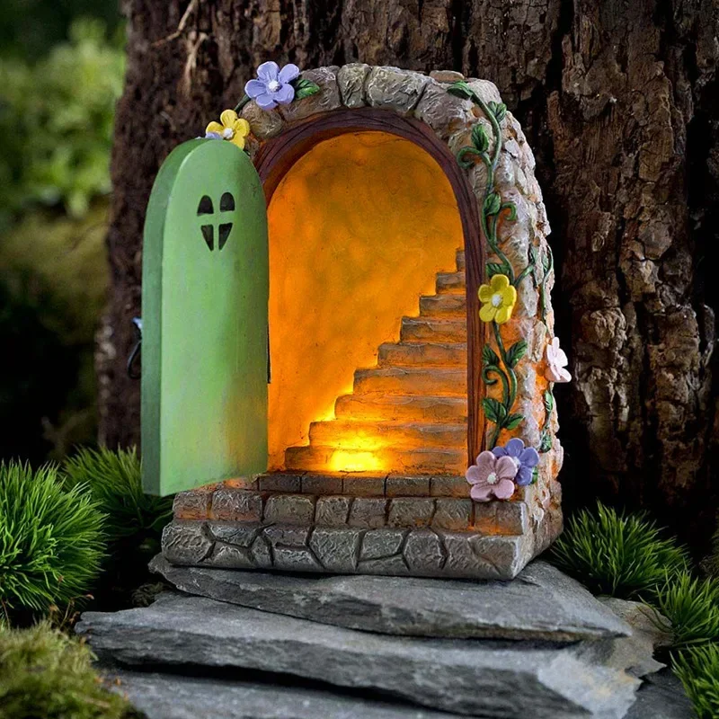 Solar Garden Resin Fairy Door Light For Trees Statues House Face Art Gnome Yard Elf Fairy Accessories Garden Statues Decoration