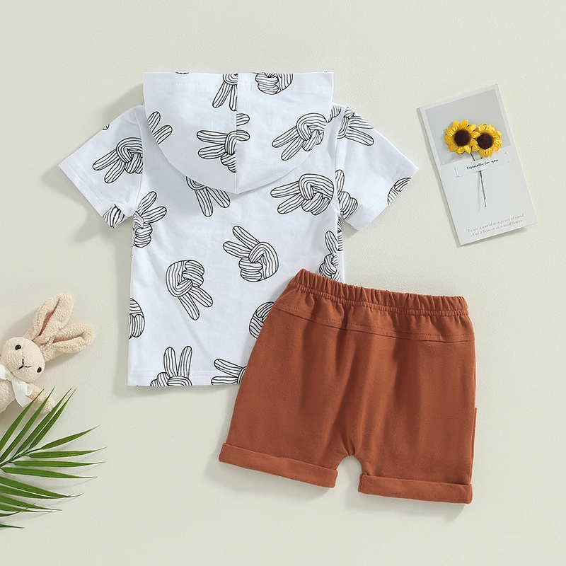 Description Picture 3 of itemInfant Boys Summer Outfits Finger Print Short Sleeve Hooded Tops and Elastic Waist Shorts 2Pcs Clothes Set