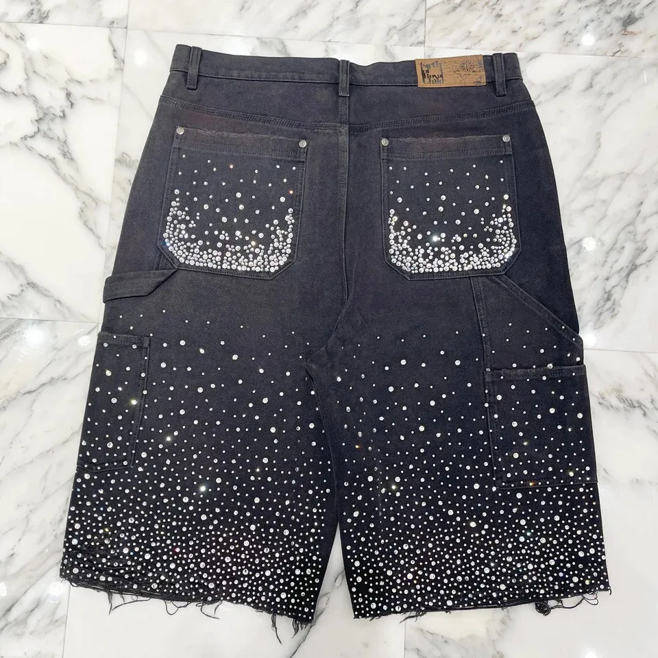 Y2K Jean Hip Hop Loose Denim Street Fashion Men Casual Basketball Shorts Retro Rhinestone Sequin Denim Short Fitness Trend Short