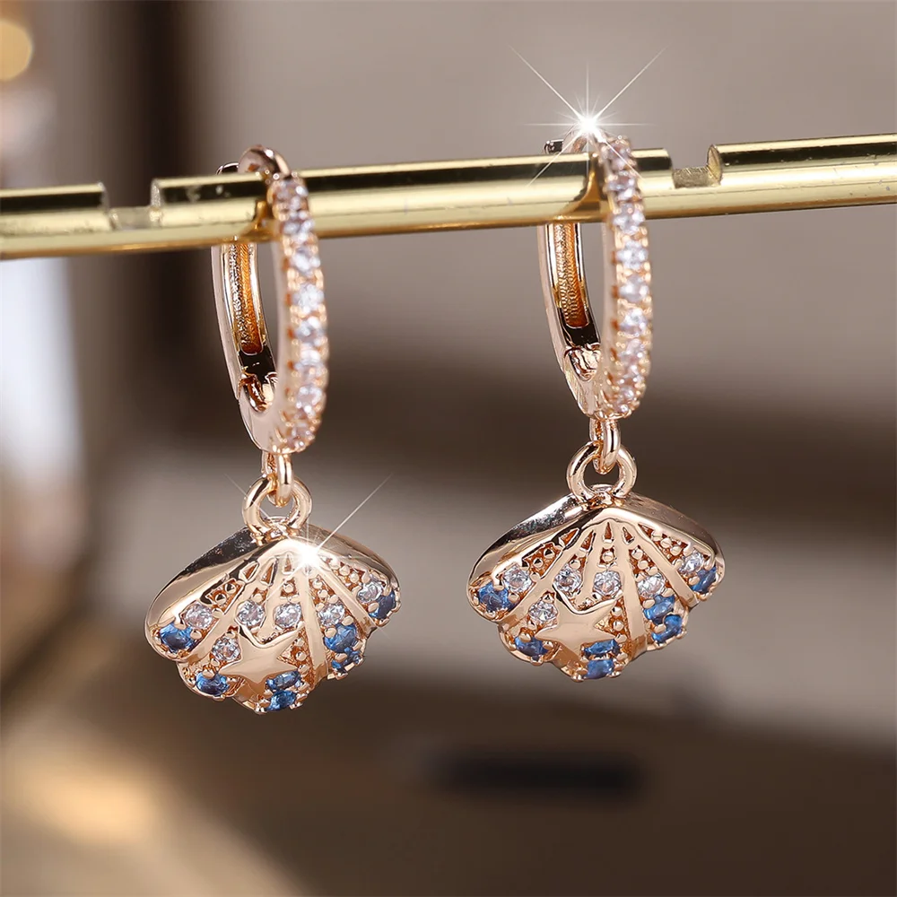 Cute Scallop Blue Crystal White Zircon Hoop Earrings For Women Vintage Gold Color Ear Buckle Wedding Jewelry Bride Birthday Gift