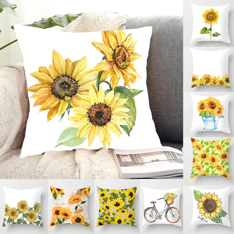 

New Cotton Hand-Painted Sunflower Flowers Cushion Cover Square Pillow Case Pillow Cover for Home Sofa Car Decor Pillowcase